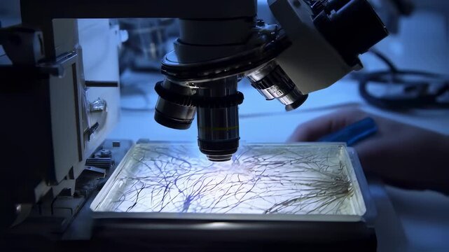 Timelapse footage of expanding fungal hyphae inside a growth chamber with a mycologist using a microscope to record structural changes over time.