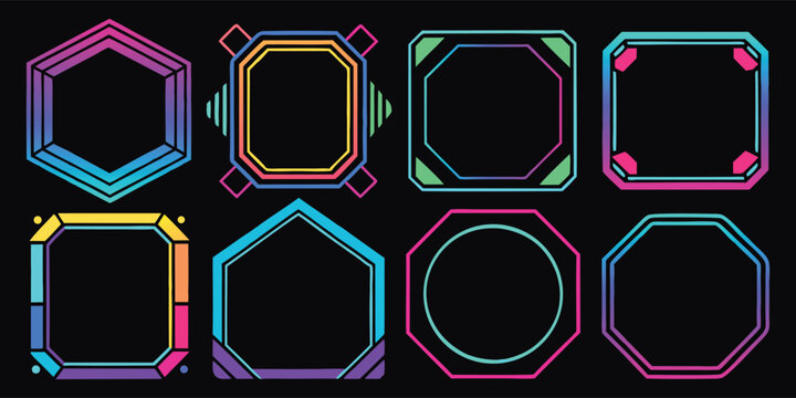 Colorful Gradient Frame Vector Set on a Black Background. A modern and futuristic border collection for a gaming stream overlay. Tech design for a HUD, UI, or live stream panel.