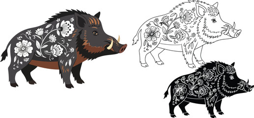 Boar illustration vector art floral design wild animal