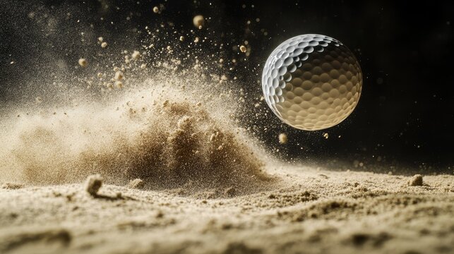 a meticulously detailed high-speed shot of a golf ball striking a sandy surface, causing a dramatic eruption of beige dust and sand grains suspended in midair the dark background accentuates the
