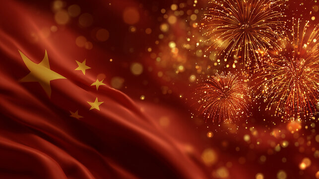 China National Day, gradient crimson to warm gold, close-up of fluttering Chinese flag, fireworks in background