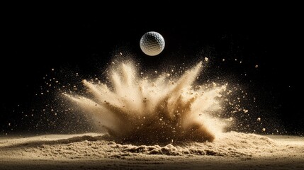 a high-speed photograph capturing the precise moment a golf ball impacts a sandy surface, creating an explosive burst of beige dust and fine particles suspended in midair the dark void background