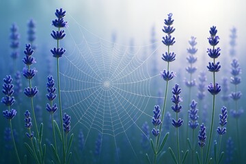Delicate spider web glistening with dew among blooming lavender flowers in soft morning light on dreamy blue background.