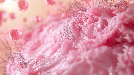 a scientific cross-section of human skin, focusing on the structural details of hair follicles, sebaceous glands, and collagen distribution the pink-toned layers of skin are meticulously rendered,