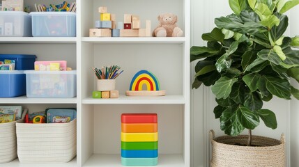 a stylish and thoughtfully curated toy storage area with a sleek white shelving unit filled with an assortment of wooden and plastic toys the shelves are divided into sections, featuring labeled
