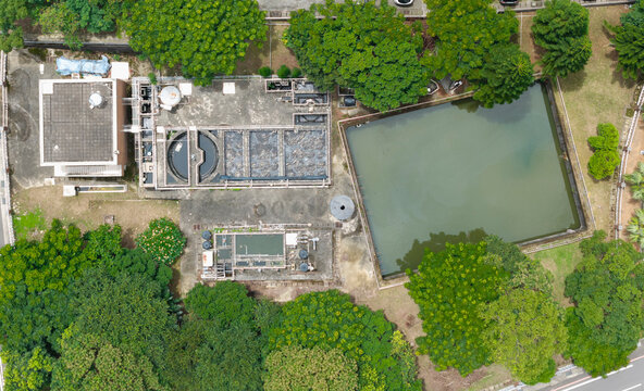 Aerial Water Treatment Facility Surrounded by Nature