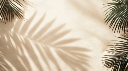 a tranquil beach-inspired composition captured from a top-down perspective, showcasing a warm beige sand background with delicate palm leaf shadows cast across the surface the organic light patterns