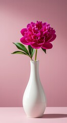 Beautiful pink peony flower in a white vase on a pink background in studio