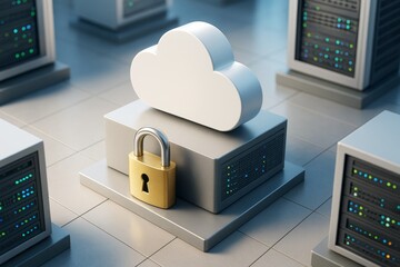 Cloud storage security concept with cloud symbol and padlock on server in data center environment with modern abstract technology background. Ai generative