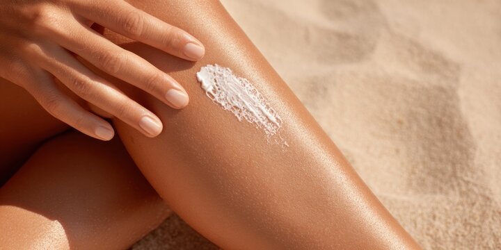 Premium Summer Skincare Sunscreen Application on Womans Leg at Beach Modern Hydration and Sun Protection for Millennial Lifestyle Marketing Content