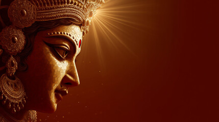 Durga Puja Banner, gold to brick red gradient, close-up  face of Goddess Durga with radiant crown and bindi