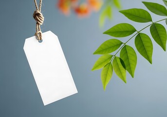 Blank white tag hanging from a rope with green leaves, perfect for adding your text