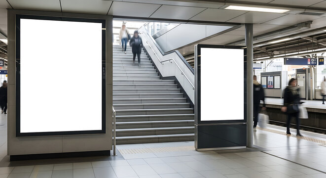 Mockup of blank billboard template next to stairs OOH media mockup in underpass digital display at train station