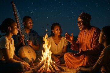 Group of people sharing traditional stories and music around a campfire at night under starry sky, highlighting cultural bonding and warmth. Ai generative