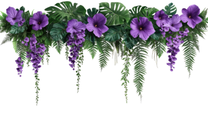 purple flowers interwoven with Monstera hanging on white background