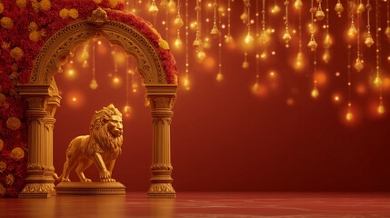 Fototapeta premium Durga Puja, lion standing beside Durga under an archway with bells and lights