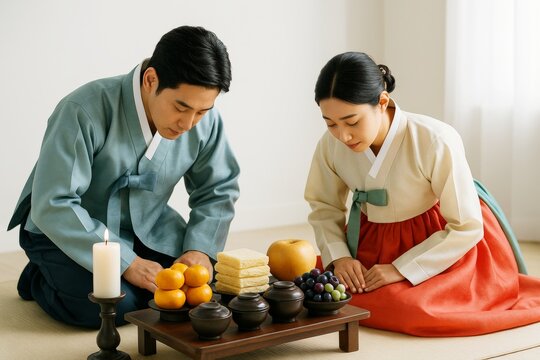 Traditional Korean couple in hanbok performing ancestral rite with food offerings on low table, in bright room with soft background light. Ai generative