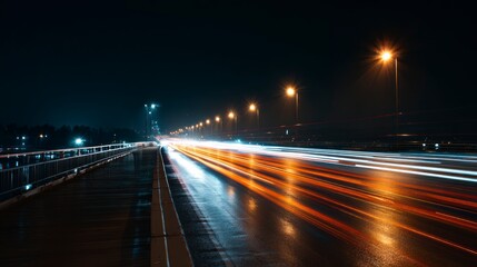 Night highway light trails on wet road