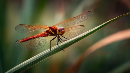 Orange dragonfly perched on grass
