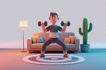 Indoor exercise with dumbbells, featuring 3D cartoon characters
