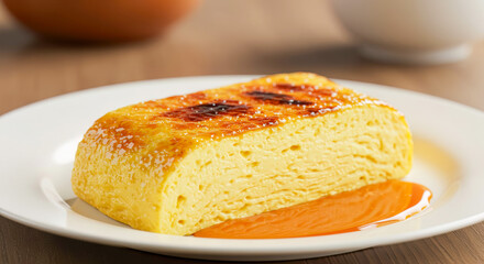 A close-up of a sweet Japanese Tamagoyaki egg omelet with a caramelized sugar crust, served on a white plate.
