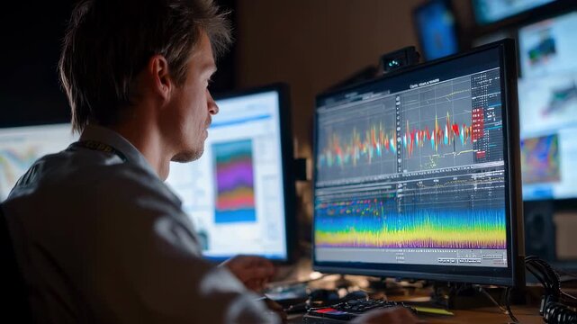 Profile view of a scientist analyzing frequency patterns on a seismic stations touchscreen interface adjusting monitoring parameters to enhance wave signal clarity.