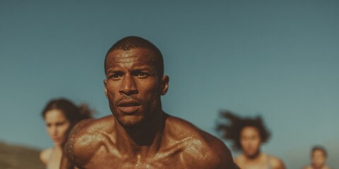 Professional Fitness Bootcamp with Athletic Latino Man and Diverse Group on Tropical Sunrise Beach for Modern Wellness Marketing and Social Media