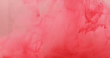 Cloud dye. Blur paint splash. Red pink color defocused fog floating pigment. Mystic curl liquid haze blend bright abstract background.