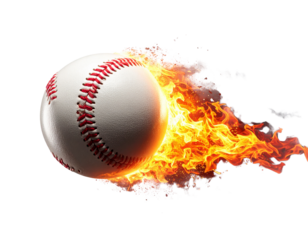 Burning Baseball Flying Diagonally with Realistic Fire Trail, Isolated on White Background
