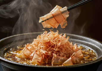 Steaming Katsuobushi Flakes Infusing Savory Dashi Broth, Essential Foundation for Delicious Oden Cuisine