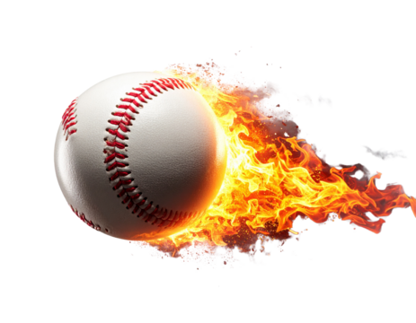 Burning Baseball Flying Diagonally with Realistic Fire Trail, Isolated on White Background