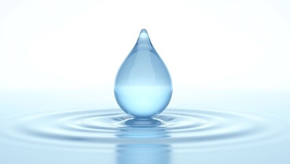 A simple 3D render of a blue water droplet with ripples below, symbolizing purity and environmental conservation, placed on a plain white background.