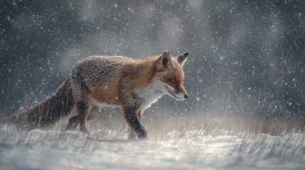 Obraz premium Red fox walking in snowy forest
