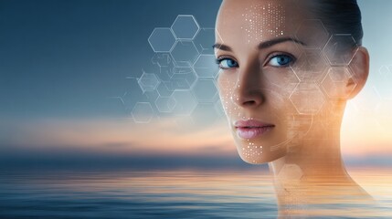 Professional Modern Collagen Boost Skincare Technology with Young Womans Face and Futuristic Digital Overlay for Beauty Marketing Campaigns