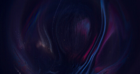 Paint stream. Blur glow wave. Defocused blue purple color glitter sparkling water wet texture on abstract art dark black background.