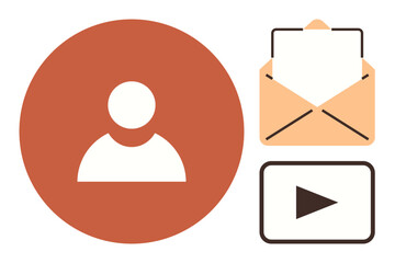 Person profile in orange circle, open envelope with letter, and play button. Ideal for communication, user interface, media sharing, messaging, email marketing, digital identity simple flat metaphor