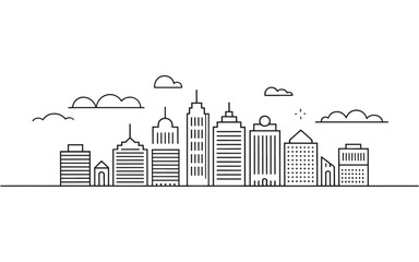 Obraz premium Minimalist Skyline Illustration with Clouds A Serene Black and White Depiction of Urban Architecture and Atmospheric Elements in Simple Linear Style
