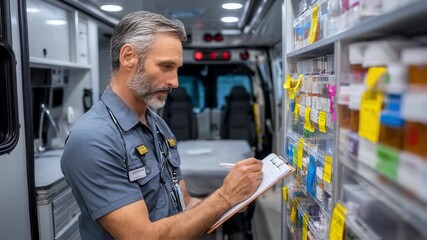 Medical professional in ambulance bay updating medication inventory emphasizing efficient supply management for rapid emergency response.