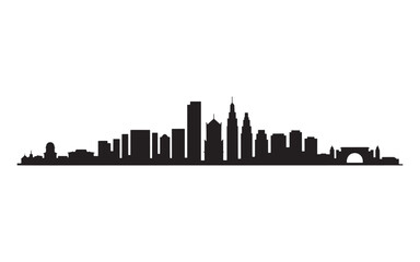 Fototapeta premium Monochromatic Skyline Silhouette Against White Background Depicting Urban Architecture and Landmarks in a Cityscape Profile