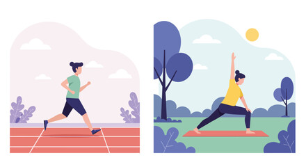 Fototapeta premium Illustrative scenes of active people: one person running on a track, another practicing yoga outdoors in a park.
