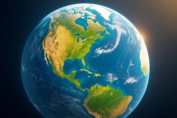 Naklejka premium Earth from space showing North and South America with sunlight on horizon, dark background, realistic light and science concept. Ai generative.