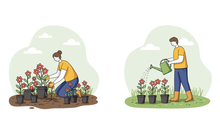 Illustrations of a woman planting flowers and a man watering them in a garden setting, depicting outdoor gardening activities.