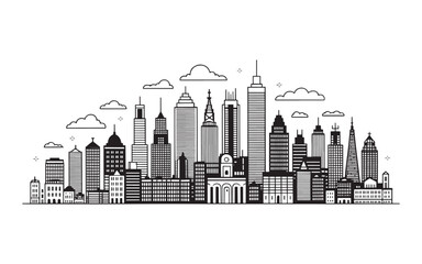 Fototapeta premium Cityscape Illustration with Skyscrapers and Clouds A Black and White Linear Skyline Depicting Modern Urban Architecture