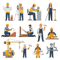 A diverse team of construction workers in hard hats are shown performing various tasks, including using power tools, blueprints, and heavy machinery, showcasing their expertise in building and