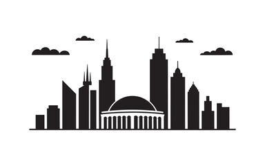 Monochromatic Skyline Silhouette with Clouds a Striking Urban Landscape Featuring Skyscrapers and a Dome-Shaped Building Under a Cloudy Sky