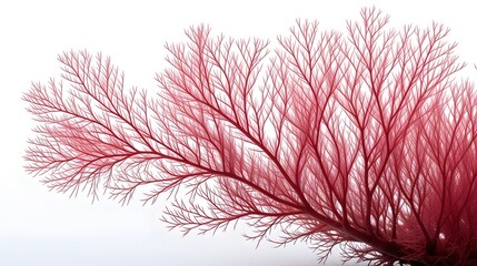 Close up of red algae with intricate branching patterns against a white background showcasing detail