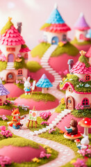 Whimsical Village: A Charming Landscape of Colorful Houses and Playful Animals in a Magical, Enchanted Forest