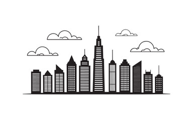 Obraz premium Monochrome Cityscape Silhouette with Clouds A Minimalist Illustration of Urban Architecture and Atmospheric Elements Depicted in a Clean Style