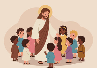 Jesus Christ Surrounded by Children Illustration.