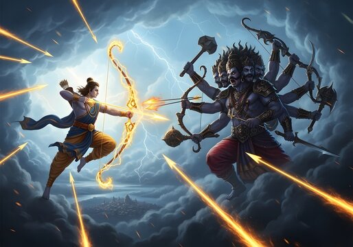 Lord Rama, wielding a bow and arrow, confronts the ten-headed Ravana in a dramatic, celestial battle.